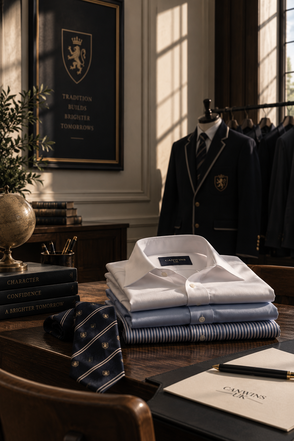 Folded Canwins UK shirting with a striped tie and school blazer behind
