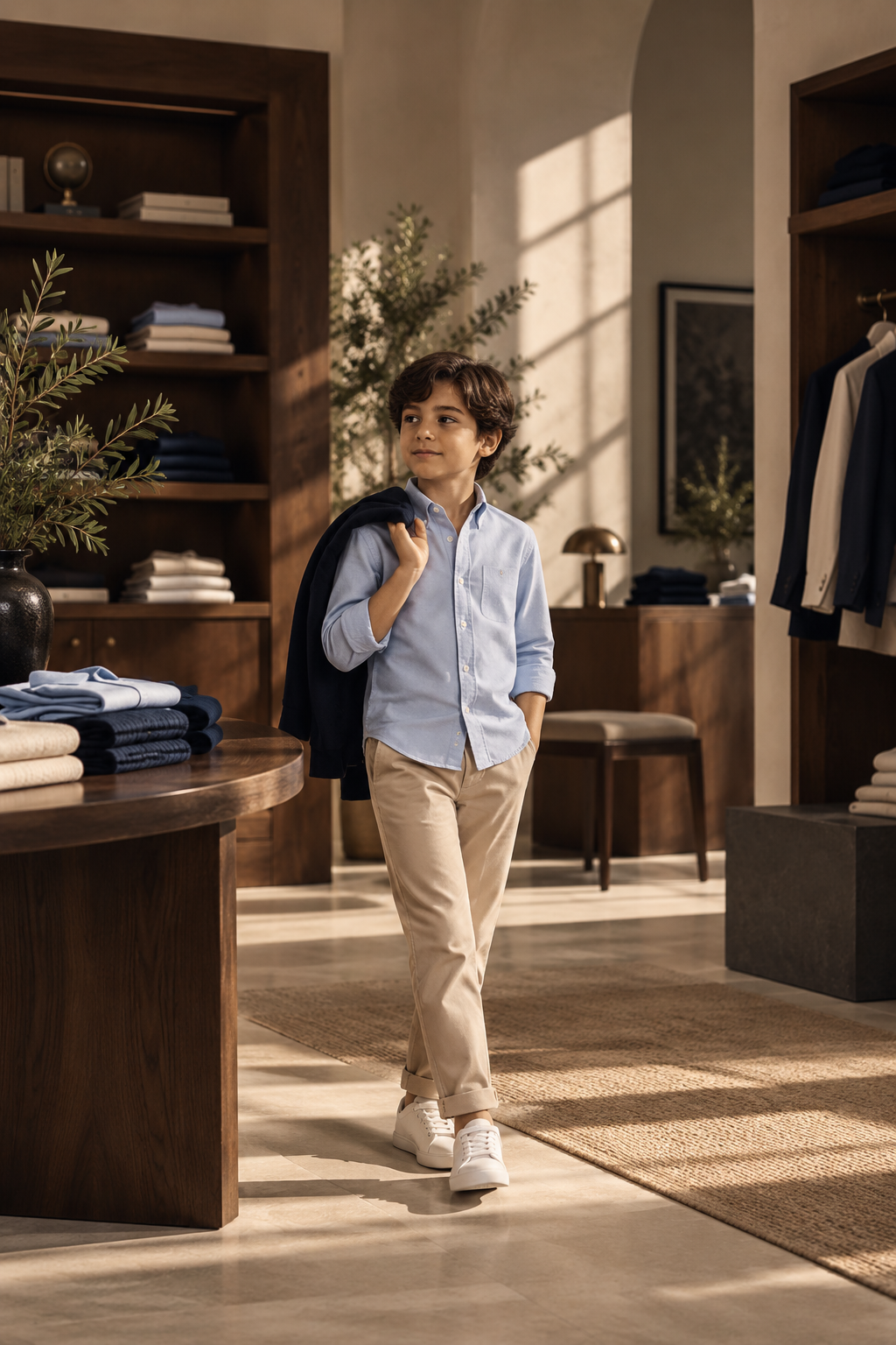 A boy in a Junior Copz shirt and chinos in the store