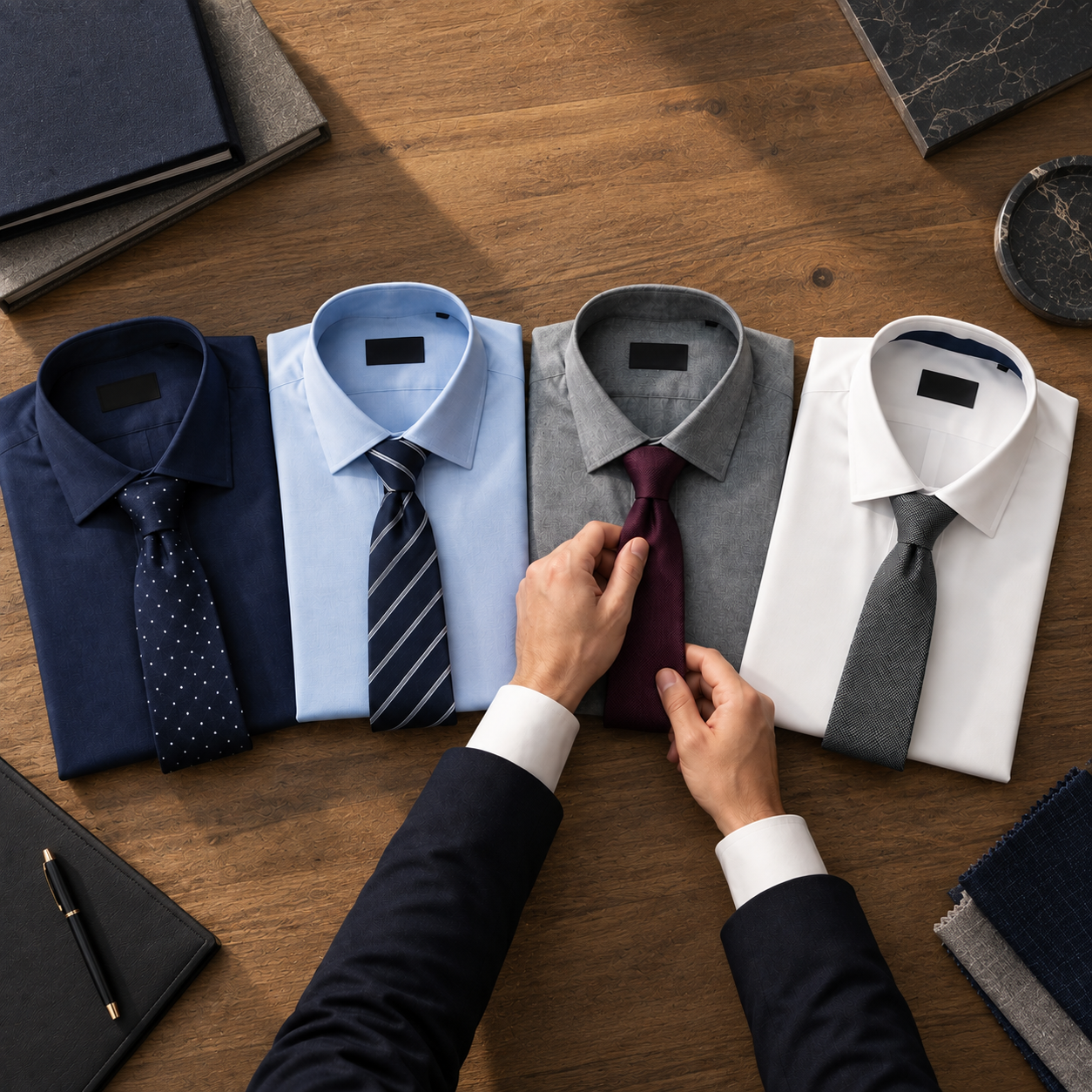 Folded formal shirts with ties on a wooden table