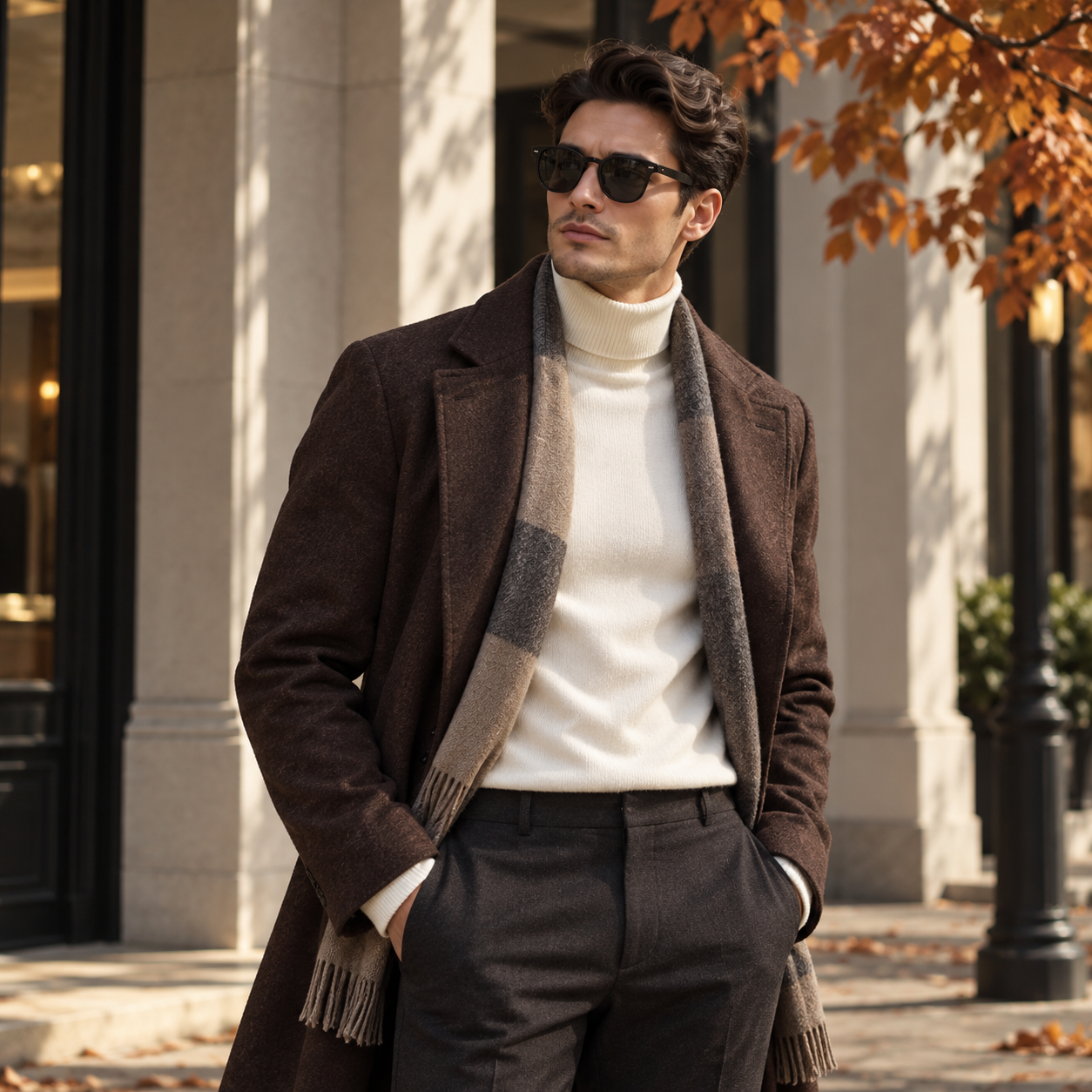 A man in a brown wool overcoat and scarf