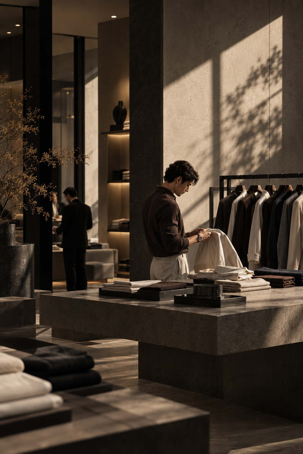 A customer being shown shirting in the Westin store